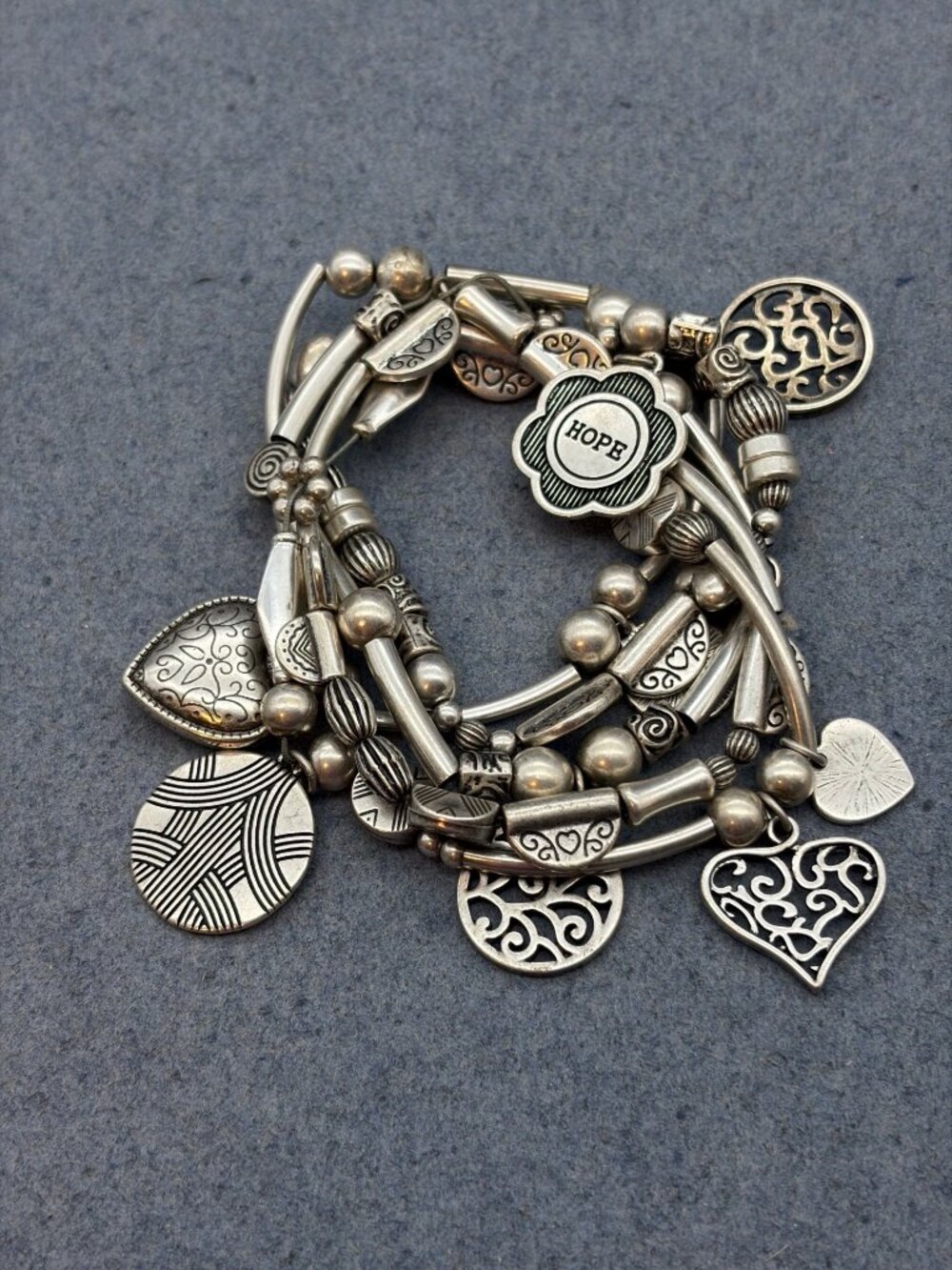 Lia Sophia Menagerie Charm Bracelet OS Stretch Silver Love Joy Hope Heart Flower